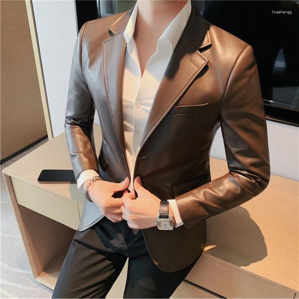 Männer Anzüge Marke Kleidung Leder Jacke Britischen Stil Schlank PU Blazer Einfarbig Business Casual Anzug Männer