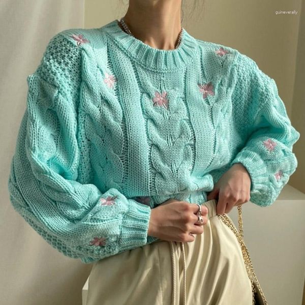 Damenpullover Sannian Herbst Retro Rundhals Damen Pullover Pullover Stickerei Blumen Leinenmuster Lose Laternenärmel Gestrickt