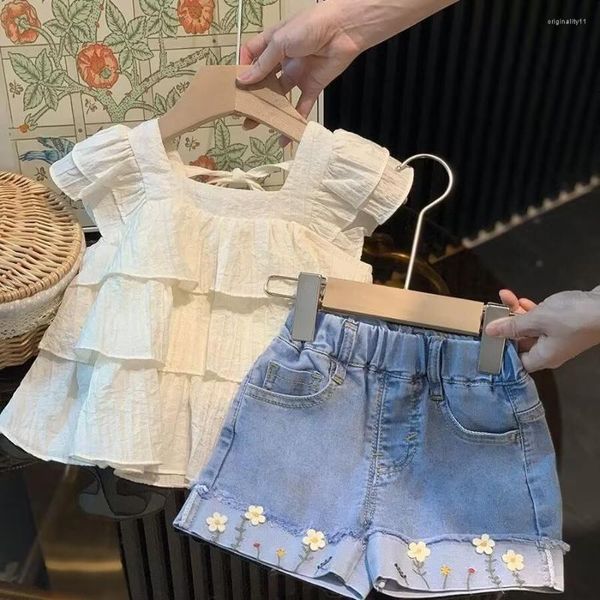 Kleidung Sets Einzelhandel 2023 Baby Mädchen Sommer Mode Rüschen T-shirt Jean Shorts Prinzessin Süße Anzüge 2-8T