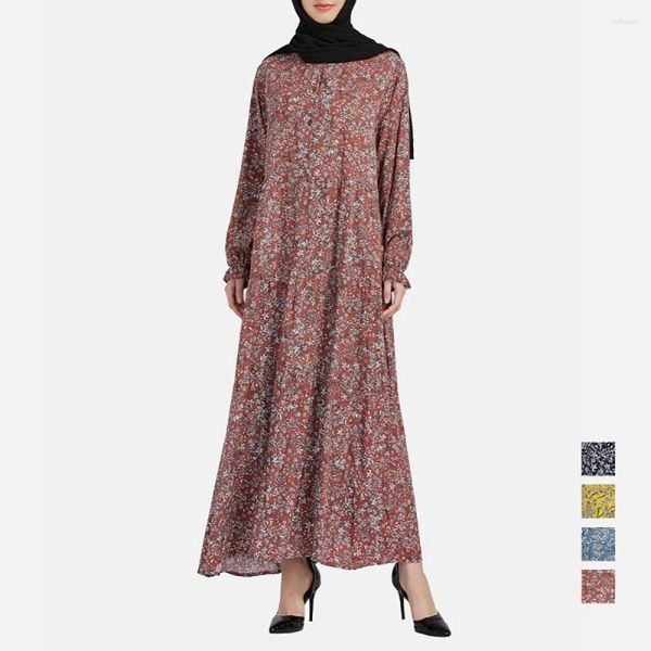 Roupas étnicas Plus Size Mulheres Saias Florais Roupas Muçulmanas Islâmico Elegante Abaya Imprimir Manga Longa Turquia Kaftans Dubai Árabe Senhoras