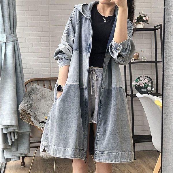 Casacos de Trench das Mulheres Casual Com Capuz Denim Jacke Mulheres 2023 Primavera Outono Solto Feminino Outwear Moda Médio a Longo Splicing Windbreaker