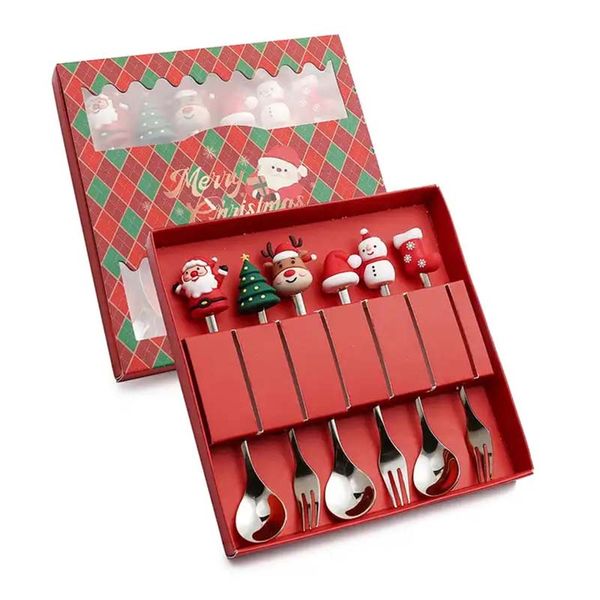 6 pçs ouro colher de natal garfo com caixa de presente aço inoxidável mini colher de agitação garfo ornamento festa decoração utensílios de cozinha