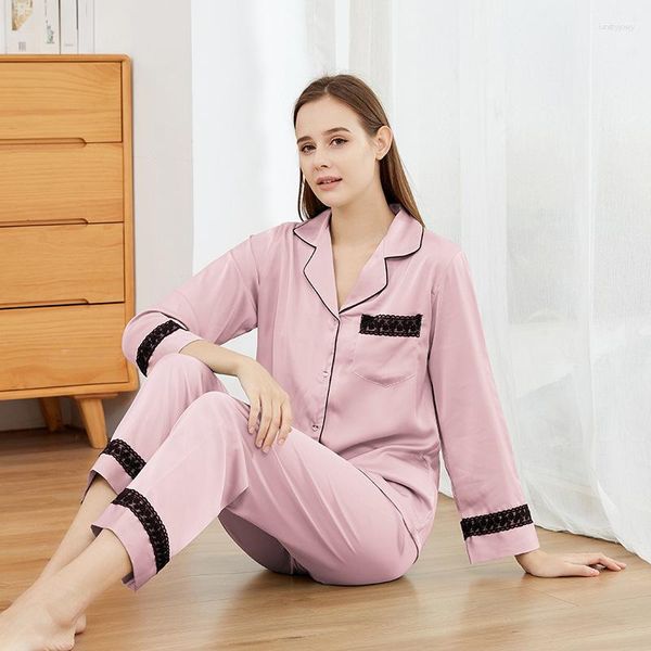 Pijamas femininos rendas retalhos 2 peças pijamas terno 2023 mulheres homewear cetim lingerie íntima floral rosa conjunto de pijamas