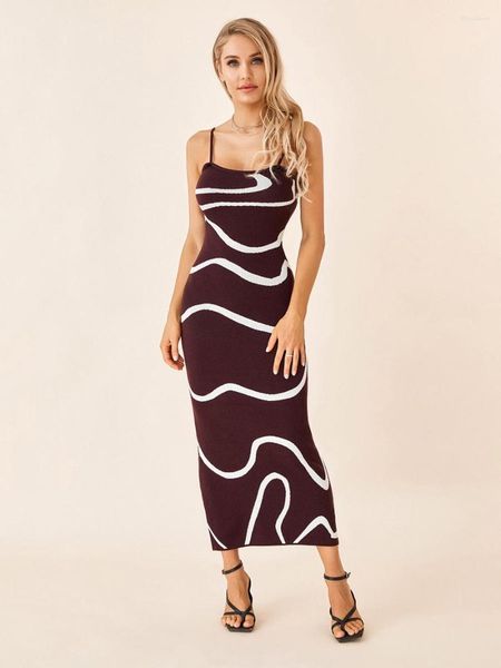 Lässige Kleider Wsevypo Abstrakter Wellendruck Spaghettiträger Strick Langes Kleid Damen Sommer Cami Elegant Mode Rückenfrei Slip Wrap