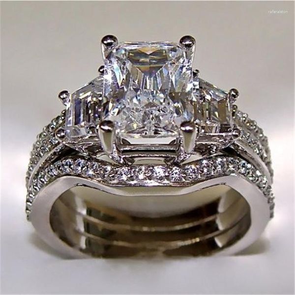 Anéis de cluster luxo 10k ouro branco 3ct laboratório diamante anel conjuntos 925 prata esterlina bijou noivado casamento banda para mulheres homens jóias