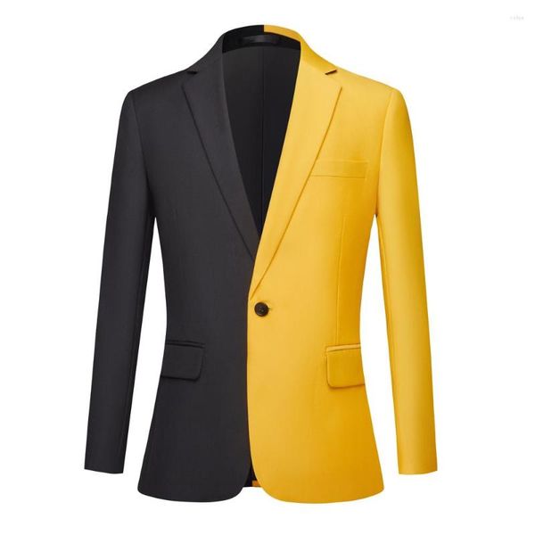 Erkekler Moda Siyah ve Sarı Colorblock Blazer Gençlik Sonbahar Gündelik Çift Renkli Patchwork Modaya uygun yakışıklı takım elbise ceket