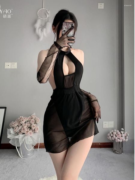 Vestidos casuais pescoço sexy pendurado bruto oco out backless curto envoltório hip nightwear uniforme preto laço canguru bolso halter transparente