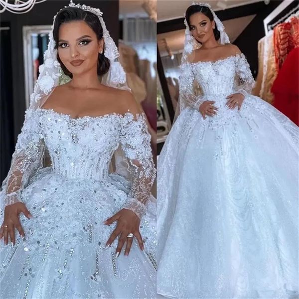 Gelinlik Beyaz Gelin Gowns Bir Çizgi O yaka Uzun Kollu Pullar Aplike Boncuklu Fermuar Yeni Özel Artı Boyutu Dantel Yukarı Fildişi İllüzyon Sequined