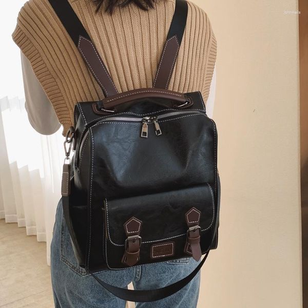 School Bags Retro Backpack Female 2023 Korean Version Style Soft Leather All-match College Students Bag Travel