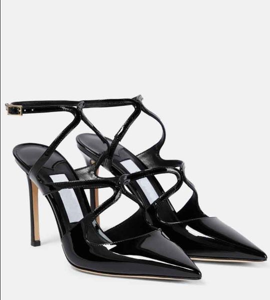 23s женские туфли-лодочки Лондон сандалии на высоком каблуке AZIA PUMP 75/95 мм с ремешком на щиколотке туфли из лакированной кожи с острым носком роскошный женский дизайнер с коробкой 35-43EU