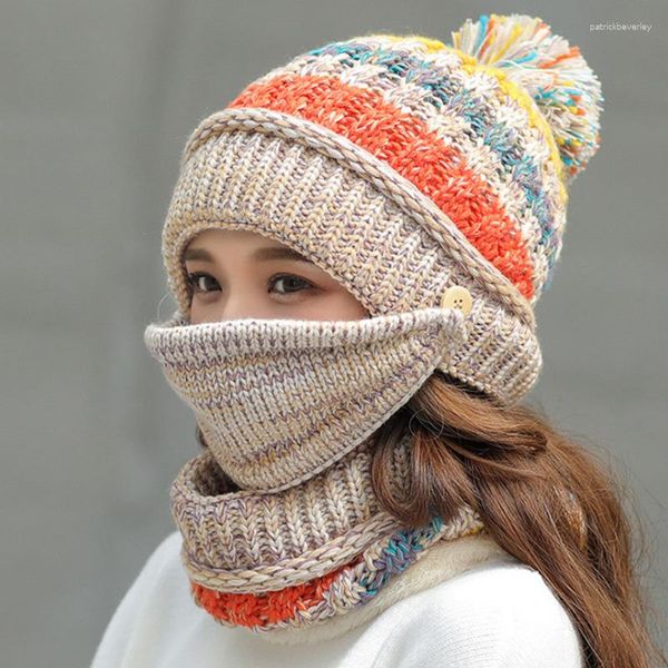 Berretti 3 pezzi cappello lavorato a maglia sciarpa maschera set donne ragazze inverno caldo addensato berretto a maglia berretti scaldacollo maschere antivento all'aperto