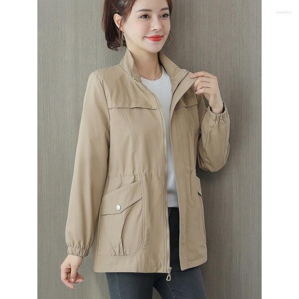 Casacos de Trench das Mulheres Coreano Mulheres Casual Lapela Cordão Windbreake Primavera Solta Khaki Mid-Comprimento Jaqueta Grande Tamanho 4xl