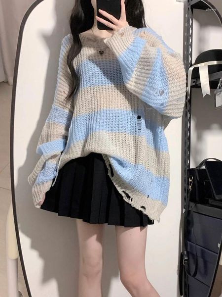 Damenpullover Harajuku Rpped Gestreifter Pullover Frauen Lose Y2k Ästhetischer Strickpullover JK Lolita Top Streetwear Niedlicher Pullover Fairy Pull