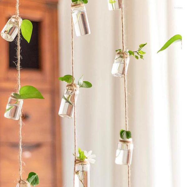 Garrafas estilo sinos de vento decoração vaso de vidro 1 cordas pendurado com 8 mini garrafa nordic casa flor planta hidropônica conter