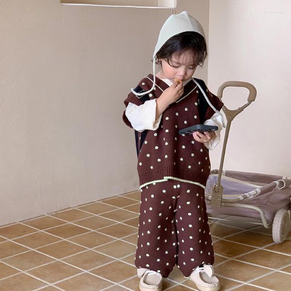 Kleidung Sets Kinder Kleidung 2023 Herbst Modische Koreanische Stil Polka Dot Casual Pullover Top Hosen Kinder Zwei Stück