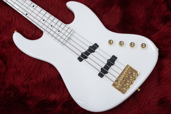 5-струнная модель Moon JJ 5 Larry Graham, полностью белая электрическая бас-гитара, корпус из ясеня, золотая фурнитура, инкрустация в черную точку