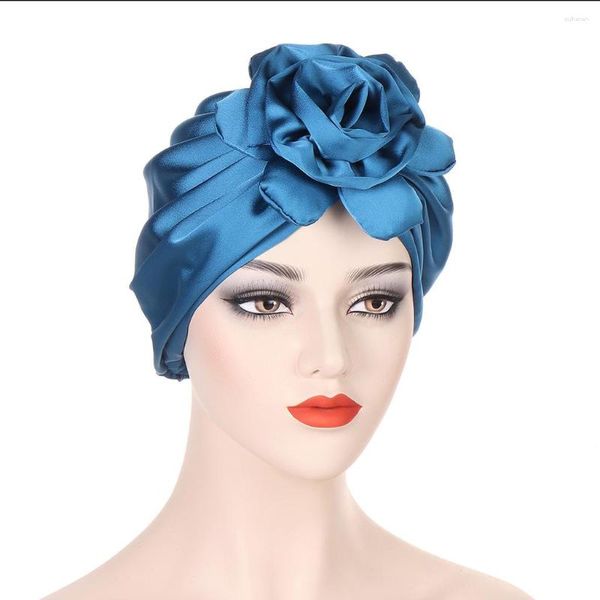 Roupas étnicas 2023 Silkly Turban Cap com Flor Elegante Mulheres Cabeça Envoltório Bonnet Muçulmano Lenço Chapéu Senhoras Capa de Cabelo Acessórios