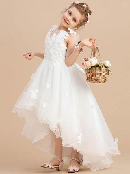 Abiti da ragazza Fiore bianco Tulle Applicazioni di pizzo Bretelle con scollo a V Abito da ballo Elegante Prima Comunione Abiti da spettacolo di bellezza