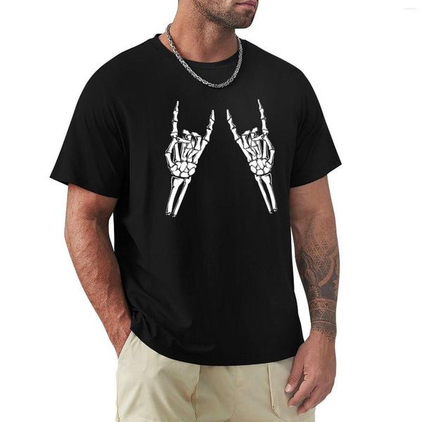 Polos masculinos esqueleto mãos rochas rocker sinal para festa de halloween camiseta em branco camisetas camisa engraçada