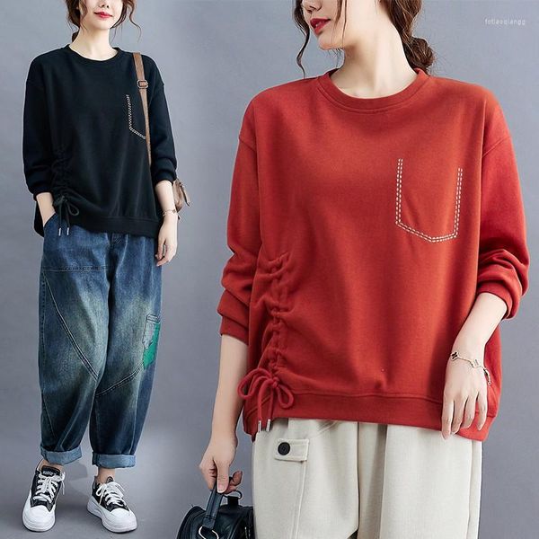 Kadın Hoodies 7702 Bahar Sonbahar Moda Yan String Cep Pocket Chic Sweatshirt Kadın Uzun Kollu Gevşek Basit Basic Pullover