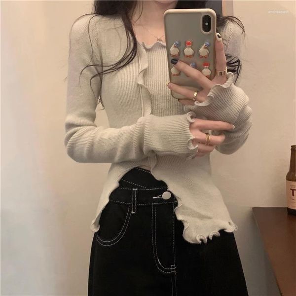 Maglioni da donna Pullover Donna Cimosa filante Manica lunga Lavorata a maglia Autunno Solido Stile coreano Crop Top Asimmetria Tempo libero Ins