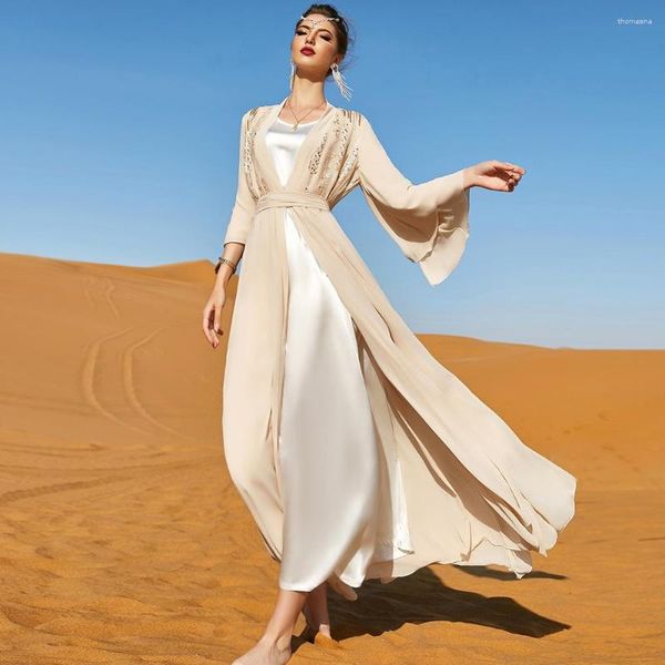 Roupas étnicas Abaya Colete Vestido Dupla Camada Chiffon Bordado Robe Dubai Mulher Muçulmana Conjunto 2 Peça Islâmica Maxi Vestidos Kaftan Ramadan