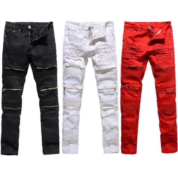 Jean déchiré détruit pour hommes, tendance, noir, blanc, rouge, mode collège garçons, slim, piste droite, fermeture éclair, pantalon en Denim, iCV