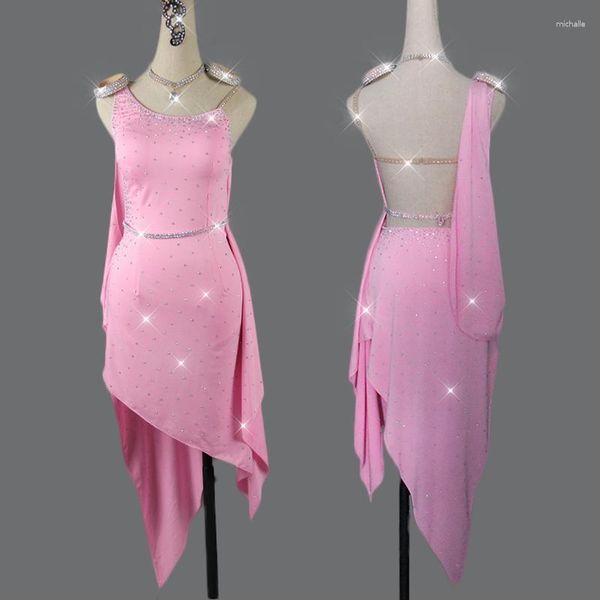 Bühnenkleidung Elegantes lateinisches Tanzkleid für Frauen, rosa, glänzender Strassstein, Flamengo, Rumba, Salsa, maßgeschneidertes Kind VDB404