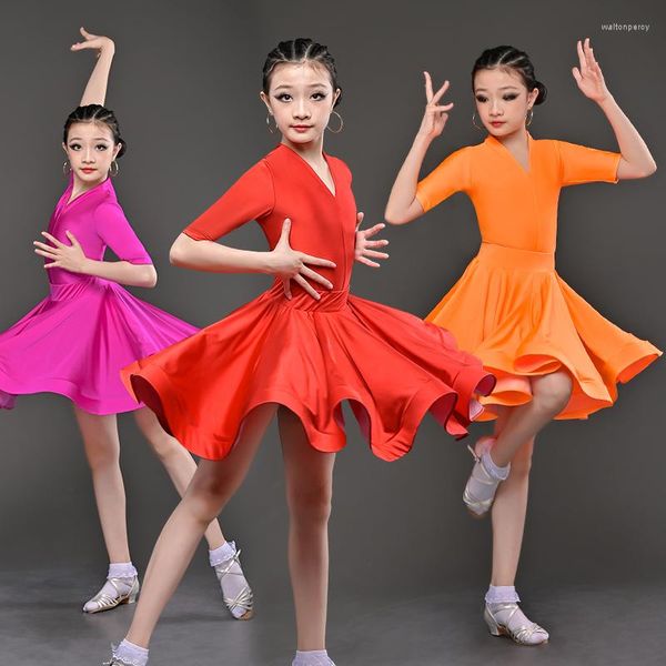 Palco desgaste vestidos de dança latina para meninas crianças desempenho roupas crianças carnaval festa trajes competição 6 cores roupas