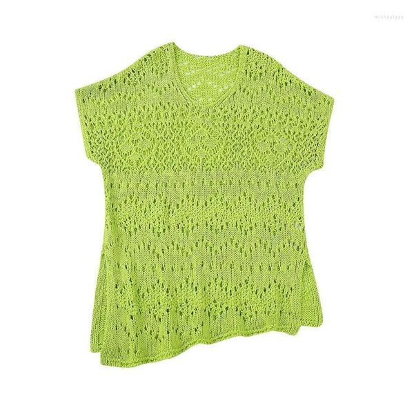 Frauenpullover Frau Casual Grün Lose Hollow Out Knit Tank 2023 Sommer Weibliche Feste Asymmetrische Häkeltanks Mädchen Weiche O-Ausschnitt gestrickt