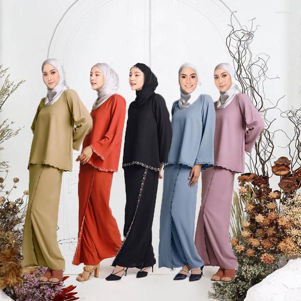 Abbigliamento etnico Pianura Kebaya Ricamo Tessuto musulmano Manica intera Sovrapposizione Design Abaya Elegante abito islamico Abito caftano per abbigliamento causale