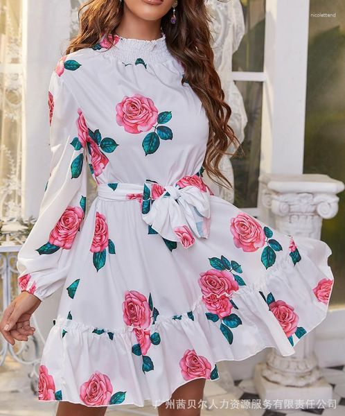 Vestidos casuais mulheres 2023 verão moda rosa floral impressão gravata detalhe plissado hem mock pescoço manga longa diário mini uma linha vestido