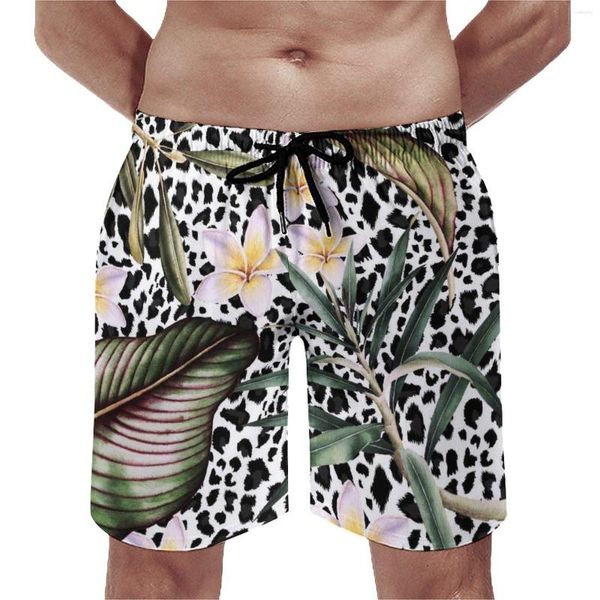 Pantaloncini da uomo con foglie di palma e stampa floreale leopardata nera, abbigliamento sportivo grafico da spiaggia Hawaii, costume da bagno ad asciugatura rapida, regalo di compleanno