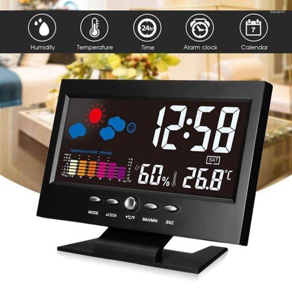 Relógios de mesa Digital Tela Colorida Despertador com Suporte Estação Meteorológica Higrômetro Controle de Voz Snooze Home Supplies