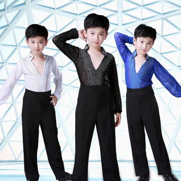 Abbigliamento da palco Top e pantaloni da ballo latino per bambini Ragazzi o uomini Camicie nere bianche blu Tango Rumba Costumi da ballo BL1329