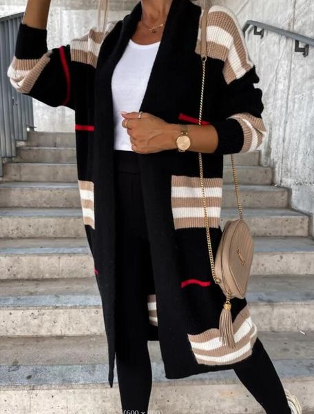 Kış Dış Bayanlar Uzun Kollu Hırka Knited Ceket Hırka Panço Kadınlar için Sonbahar Çizgili Patchwork gevşek Uzun Dış Giyim Sıradan Uzun Kollu Kazak Ceket