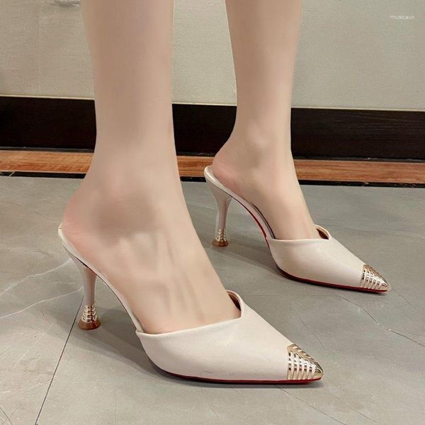 Pantoufles 2023 Chaussures Pour Femmes À Talons Hauts Stiletto Mode Femmes Été Métal Bout Pointu Sexy Baotou Vêtements Chauds Moitié