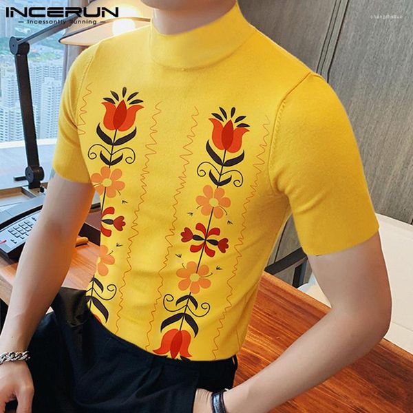 Мужские футболки INCERUN, мужская рубашка с цветочным принтом, водолазка с коротким рукавом, повседневные футболки в корейском стиле, уличная одежда, лето 2023, одежда