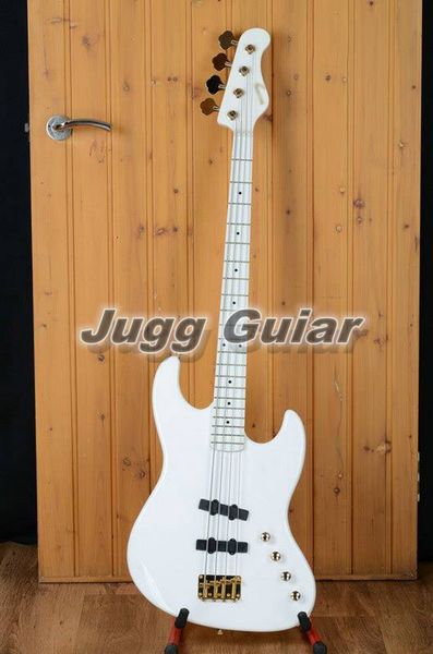 Personalizado 4 cordas Moon JJ 4 Larry Graham modelo All White Electric Bass Guitar Ash Body Maple Fingerboard 21 trastes Golden Hardware Black Dot Inlay