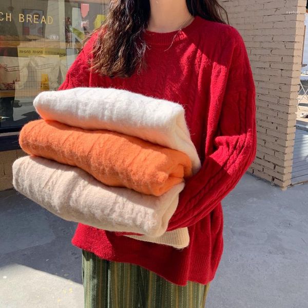 Suéteres femininos 2023 camisola mulheres com nervuras de malha pullovers solto sólido quente doce inverno roupas laranja vermelho damasco branco