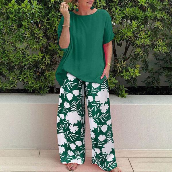 Pantaloni a due pezzi da donna Pantaloni larghi per la casa Vestito estivo casual Streetwear Donna 2 Set Elegante top a maniche corte con scollo a O con stampa Abito lungo