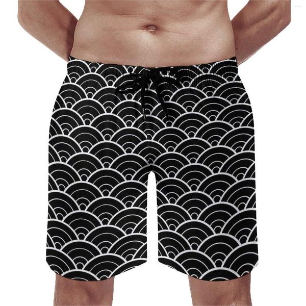 Shorts masculinos Board Seigaiha Japonês Vintage Swim Trunks Preto Ondas Imprimir Homens Confortáveis Esportes Oversize Beach