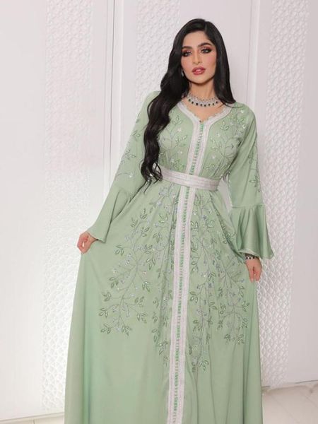 Casual Kleider Abaya Frauen Elegante Strass V-ausschnitt Langarm Hochzeit Abend Party Kleid Spitze Gürtel Jilbab Kaftan Robe