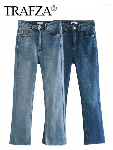 Jeans da donna TRAFZA 2023 Moda femminile a vita alta Tasca con bottone blu con cerniera Decorare Jean Donna Street Casual Slim elegante pantalone lungo