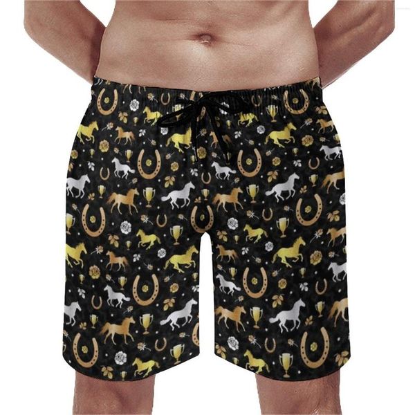 Pantaloncini da uomo Summer Board Horse Racing Derby Day Party Surfing Black Gold Animal Custom Beach Fashion Costume da bagno ad asciugatura rapida