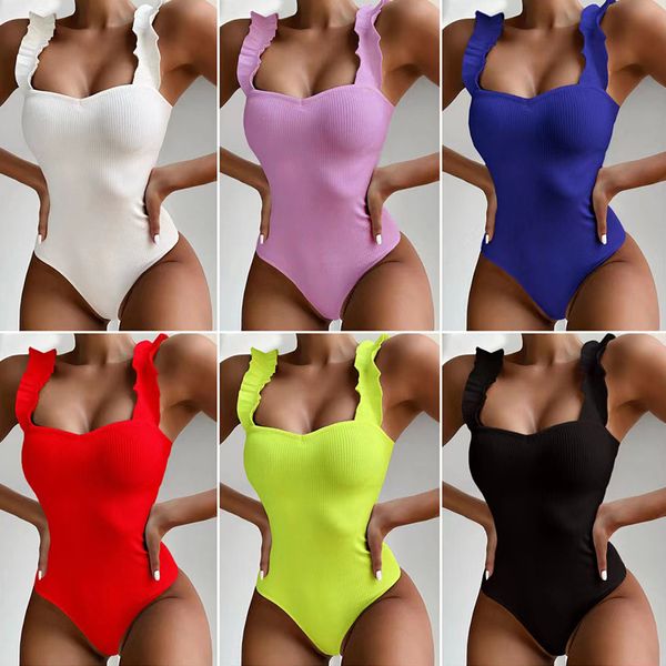 Vendita calda Bikini Donna Moda Costumi da bagno Tinta unita Elastico Scollato Costume intero Costume da bagno estivo Attrezzatura per sport acquatici Vacanza al mare Set di abbigliamento sexy