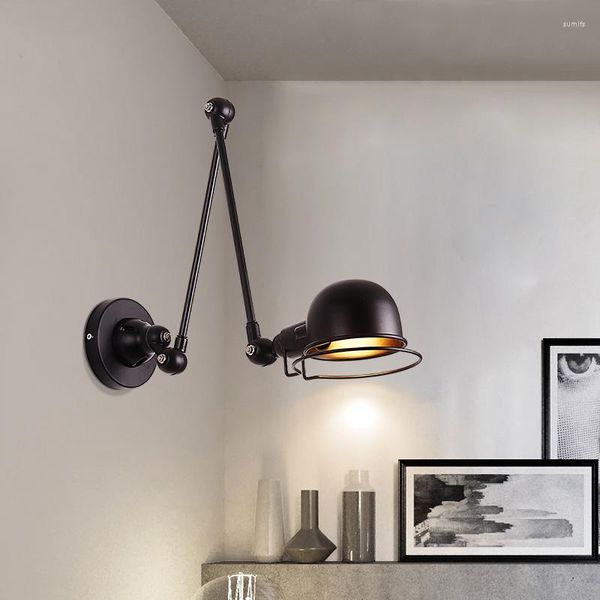 Lâmpada de parede retrátil quarto sala estar decoração casa balanço braço com interruptor plug interior preto loft luz leitura