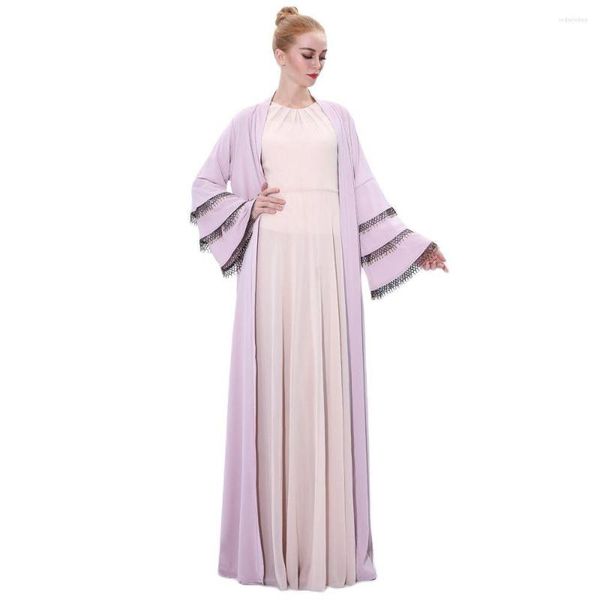 Ethnische Kleidung Muslim Tube Abaya Khimar Islam Kaftan Perlen Damen Langes Türkei-Kleid mit dreilagigen ausgestellten Ärmeln Set Rock Hijab