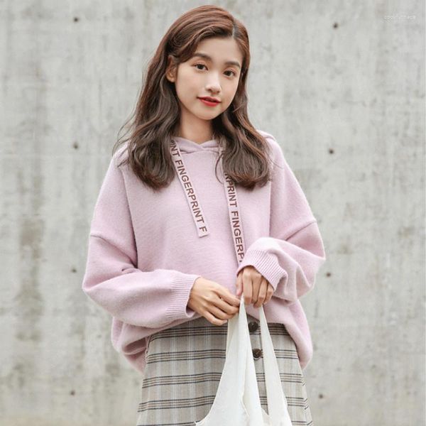Suéteres femininos outono inverno mulheres camisola top wear coreano estilo preppy doce solto letras finas impressas pulôveres com capuz h9396