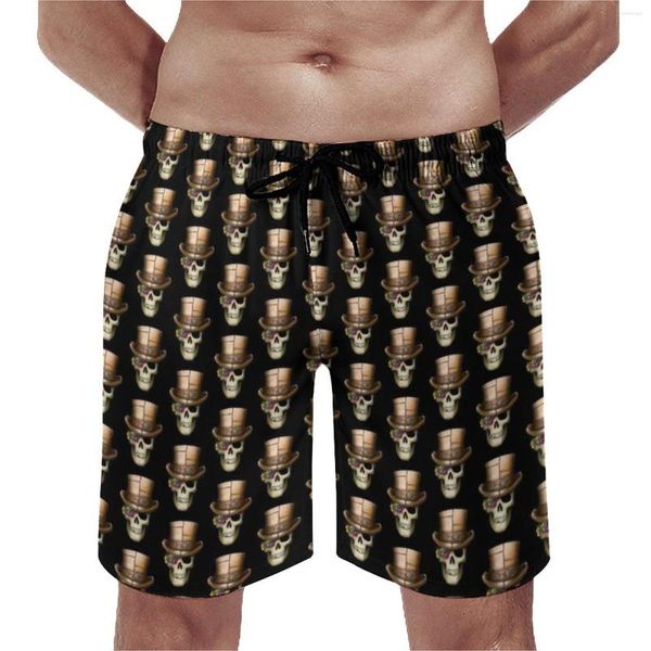 Herren-Shorts, Steampunk-Brett, Sommer, Monokel, Totenkopf, mit Zylinder, modisch, Strand, Herren, Sportbekleidung, schnell trocknend, grafische Badehose